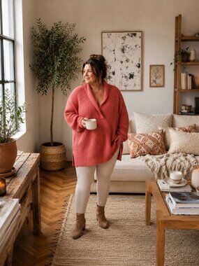 Talbots Plus 2X Coral Chunky Knit Tunic Sweater Oversized Shawl Collar Cozy